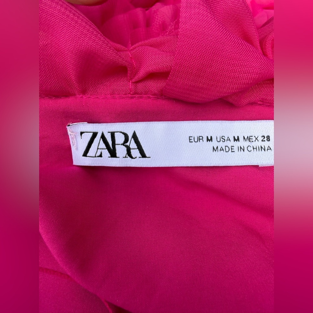 ZARA fuchsia pink ruffled knit coat jacket voluminous with tie Sz M. - Picture 9 of 10
